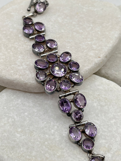 Vintage 925 Sterling Silver Amethyst Statement Bracelet
