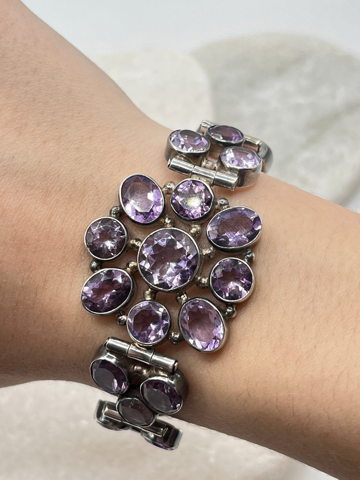 Vintage 925 Sterling Silver Amethyst Statement Bracelet