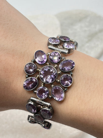 Vintage 925 Sterling Silver Amethyst Statement Bracelet