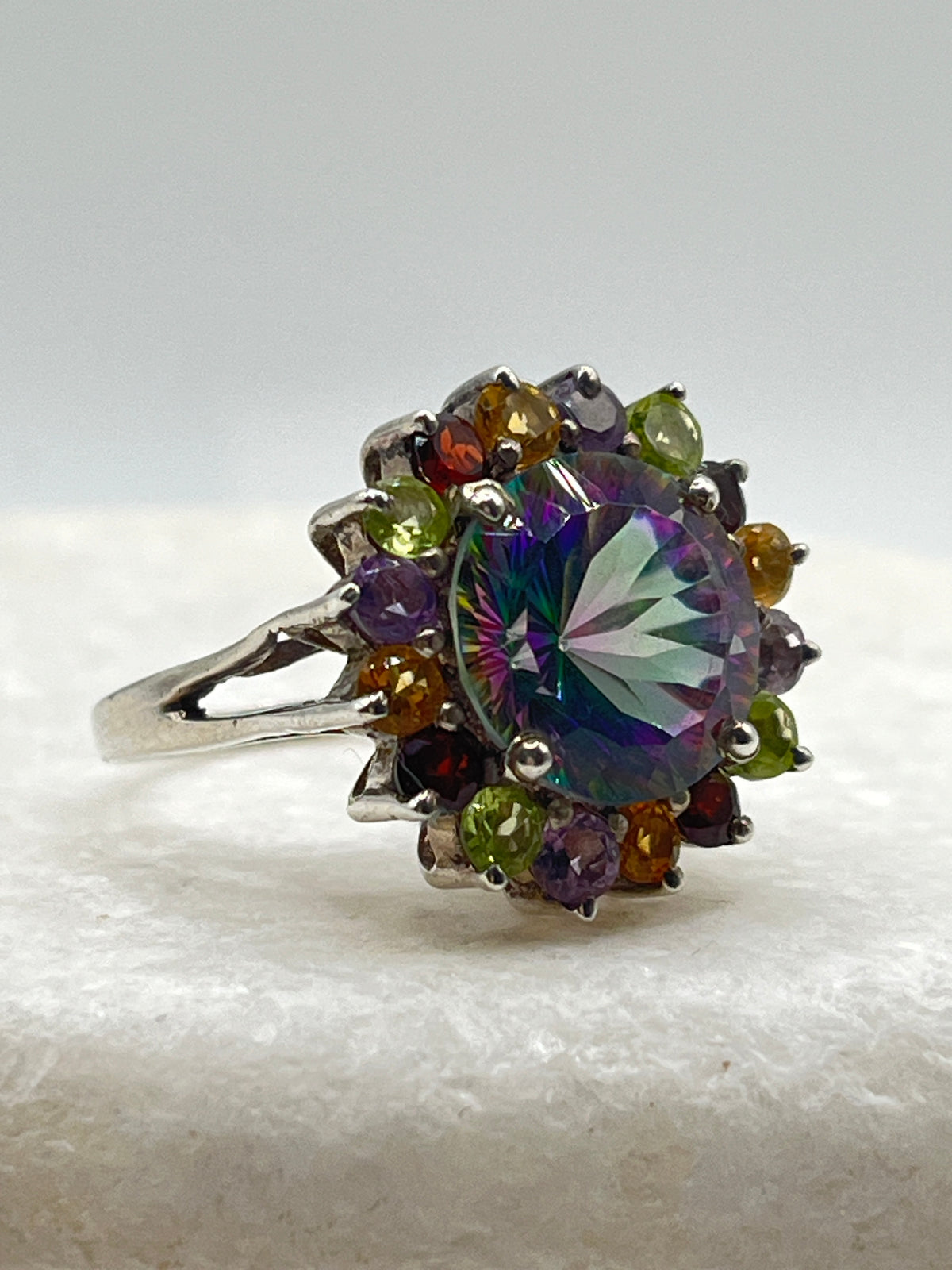 925 Sterling Silver Mystic Topaz and Multi Gemstone Halo Ring - Size P