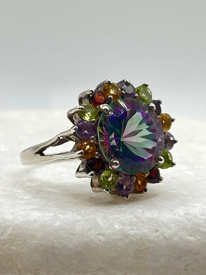 925 Sterling Silver Mystic Topaz and Multi Gemstone Halo Ring - Size P