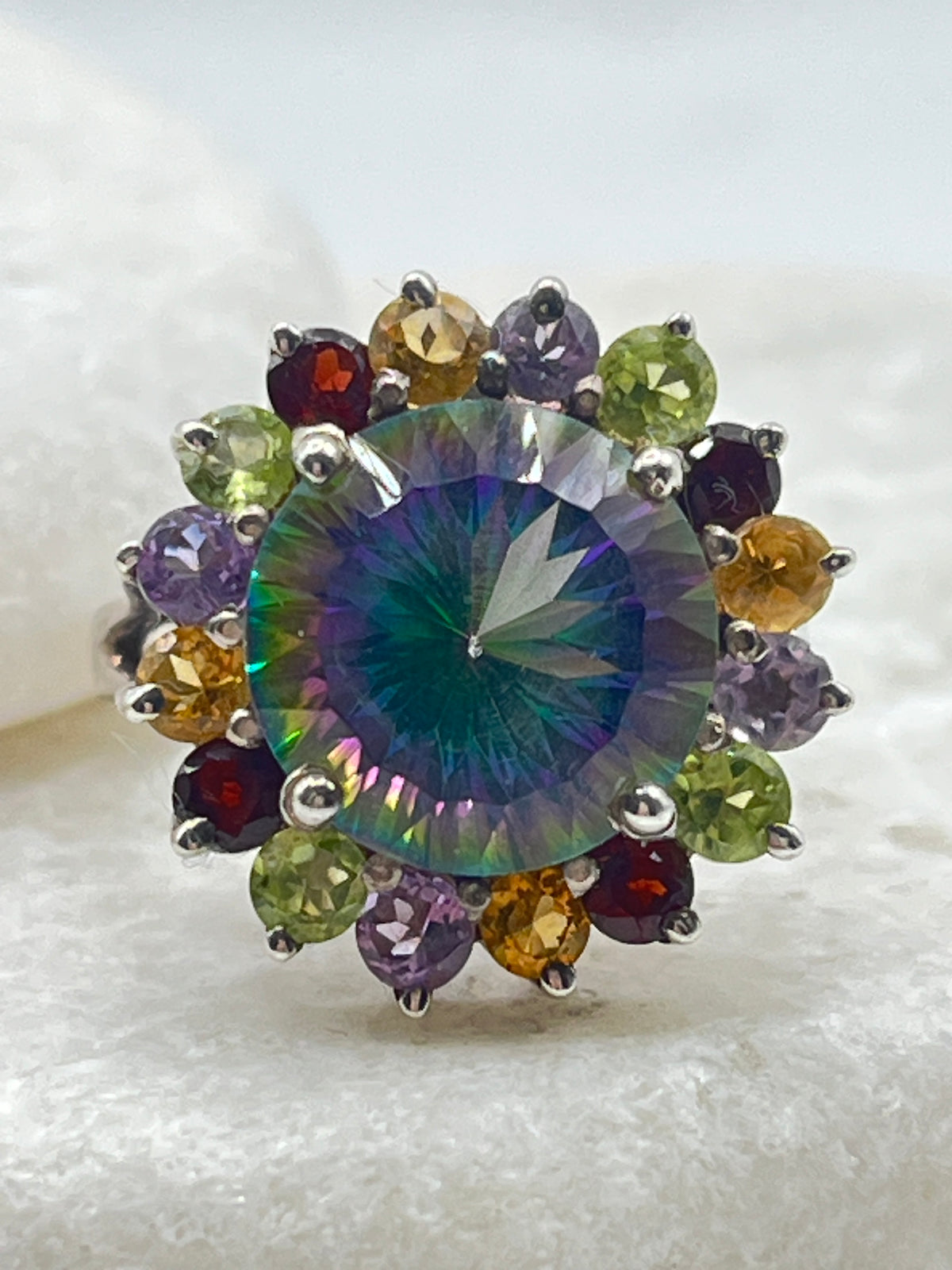 925 Sterling Silver Mystic Topaz and Multi Gemstone Halo Ring - Size P