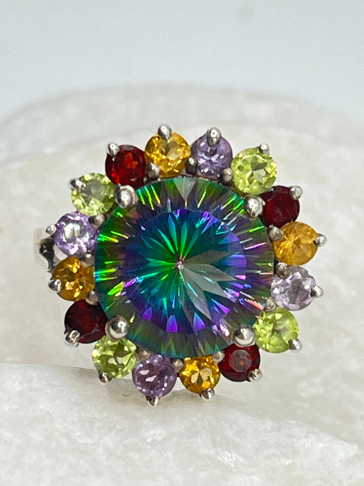 925 Sterling Silver Mystic Topaz and Multi Gemstone Halo Ring - Size P