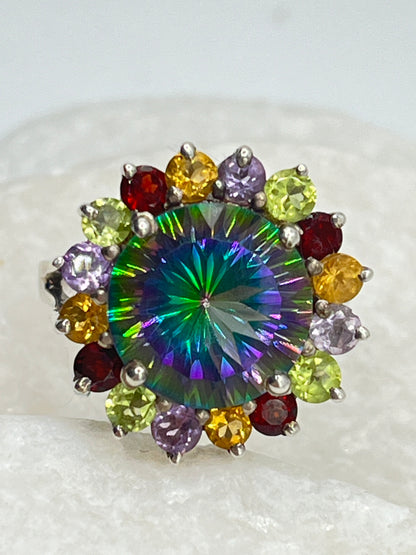 925 Sterling Silver Mystic Topaz and Multi Gemstone Halo Ring - Size P