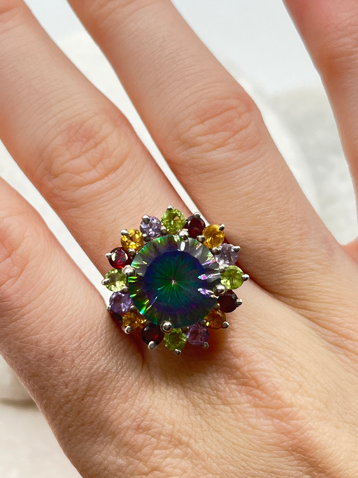 925 Sterling Silver Mystic Topaz and Multi Gemstone Halo Ring - Size P