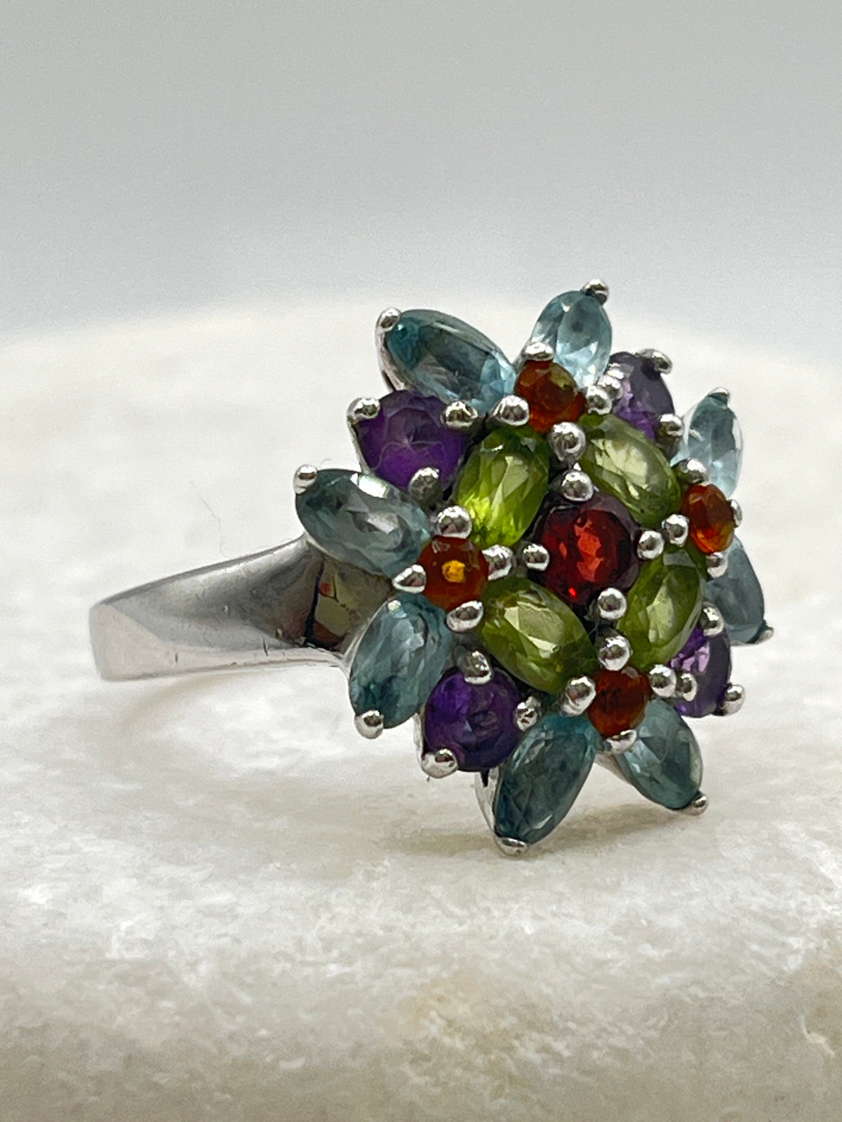 925 Sterling Silver Multi Gem Cluster Ring With Blue Topaz, Amethyst, Garnet, Peridot and Citrine - Size S.5