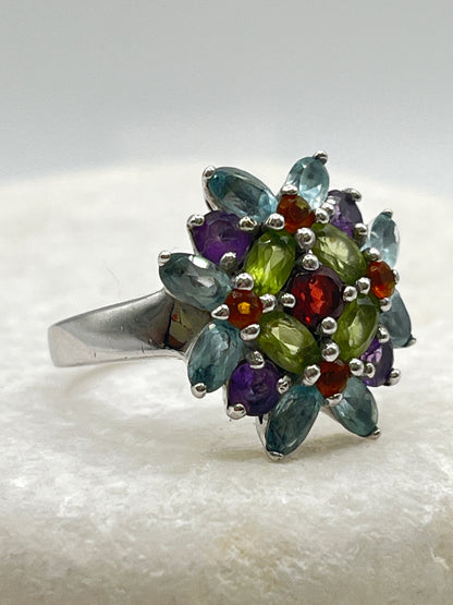 925 Sterling Silver Multi Gem Cluster Ring With Blue Topaz, Amethyst, Garnet, Peridot and Citrine - Size S.5
