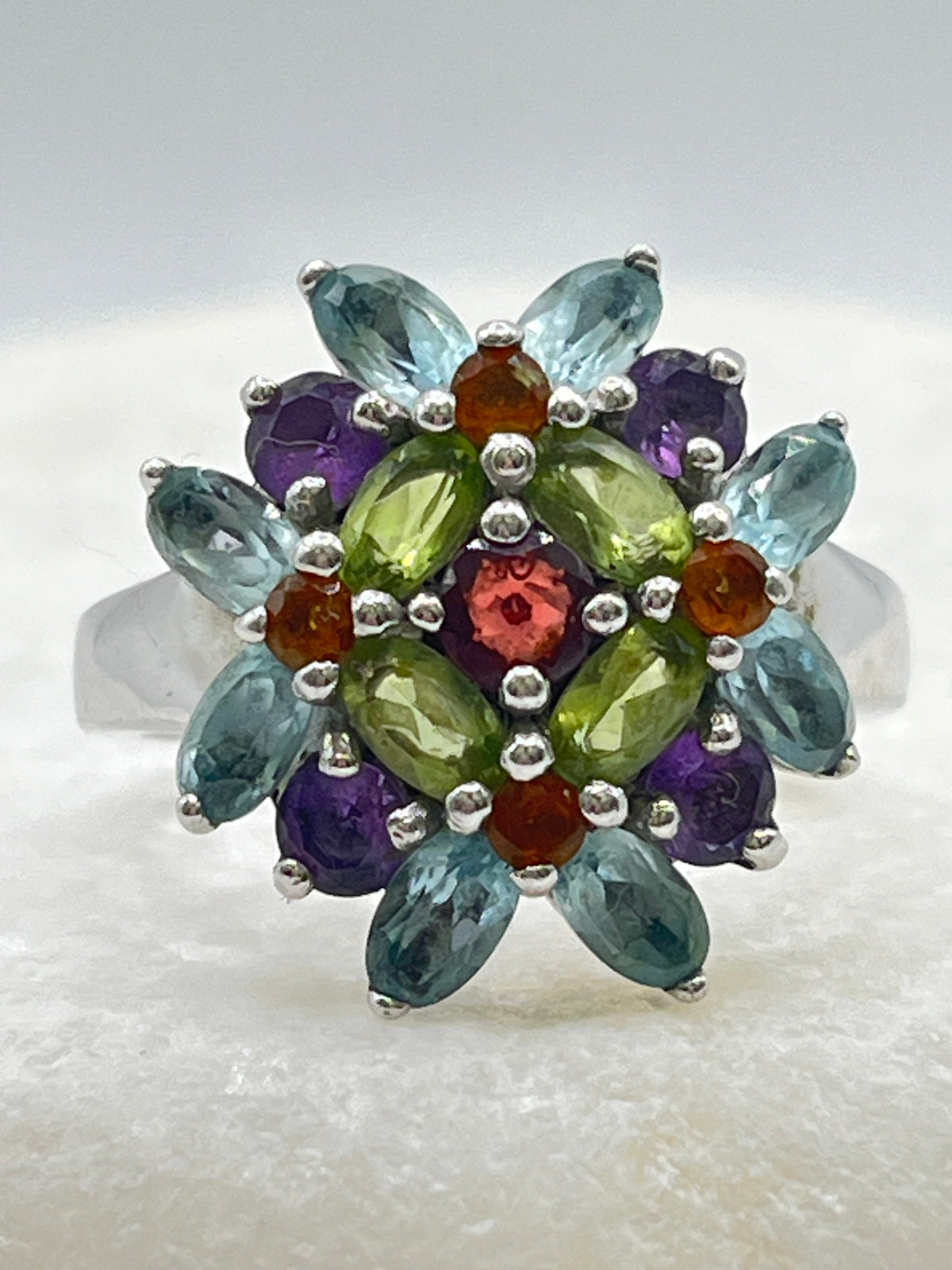 925 Sterling Silver Multi Gem Cluster Ring With Blue Topaz, Amethyst, Garnet, Peridot and Citrine - Size S.5