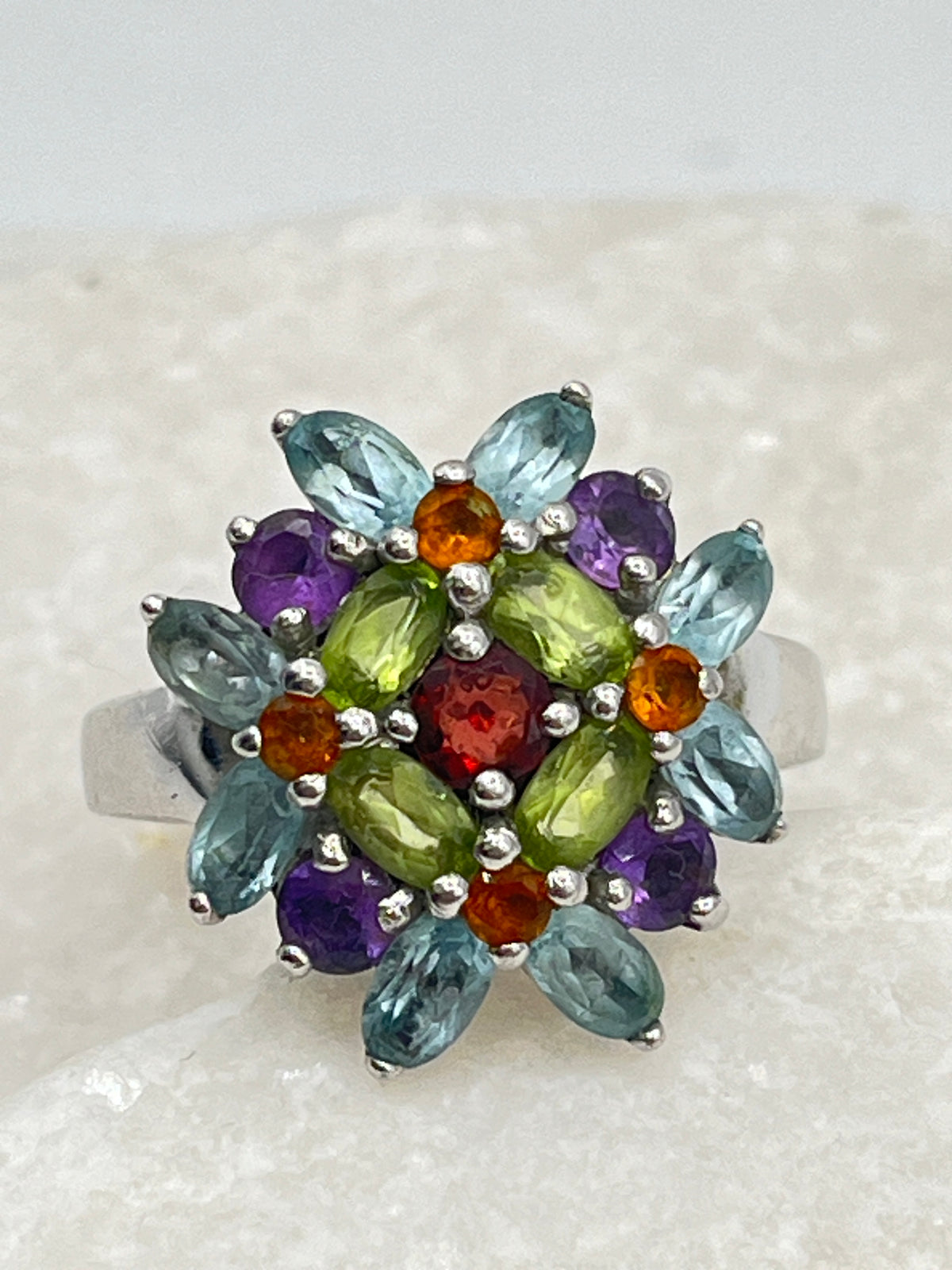 925 Sterling Silver Multi Gem Cluster Ring With Blue Topaz, Amethyst, Garnet, Peridot and Citrine - Size S.5