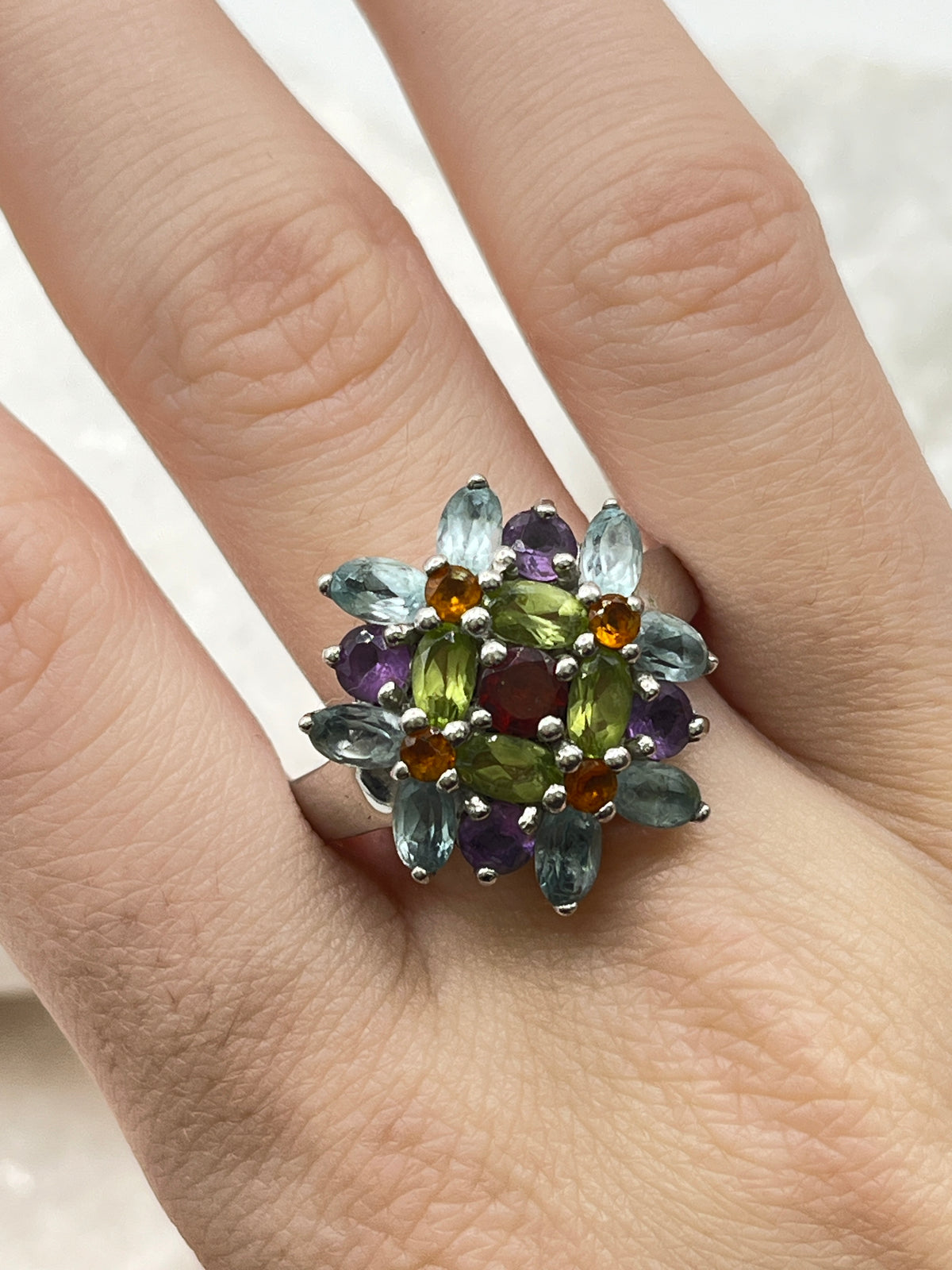 925 Sterling Silver Multi Gem Cluster Ring With Blue Topaz, Amethyst, Garnet, Peridot and Citrine - Size S.5