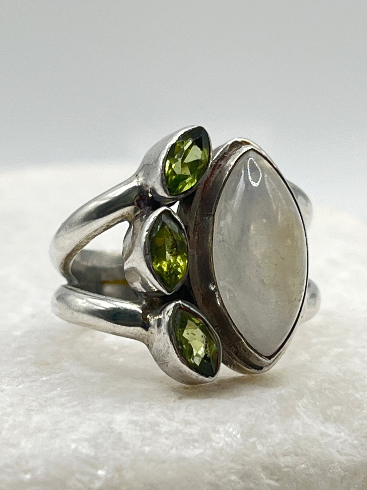 925 Sterling Silver Moonstone And Peridot Marquise Set Statement Ring - Size P