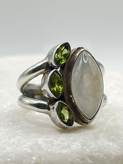 925 Sterling Silver Moonstone And Peridot Marquise Set Statement Ring - Size P