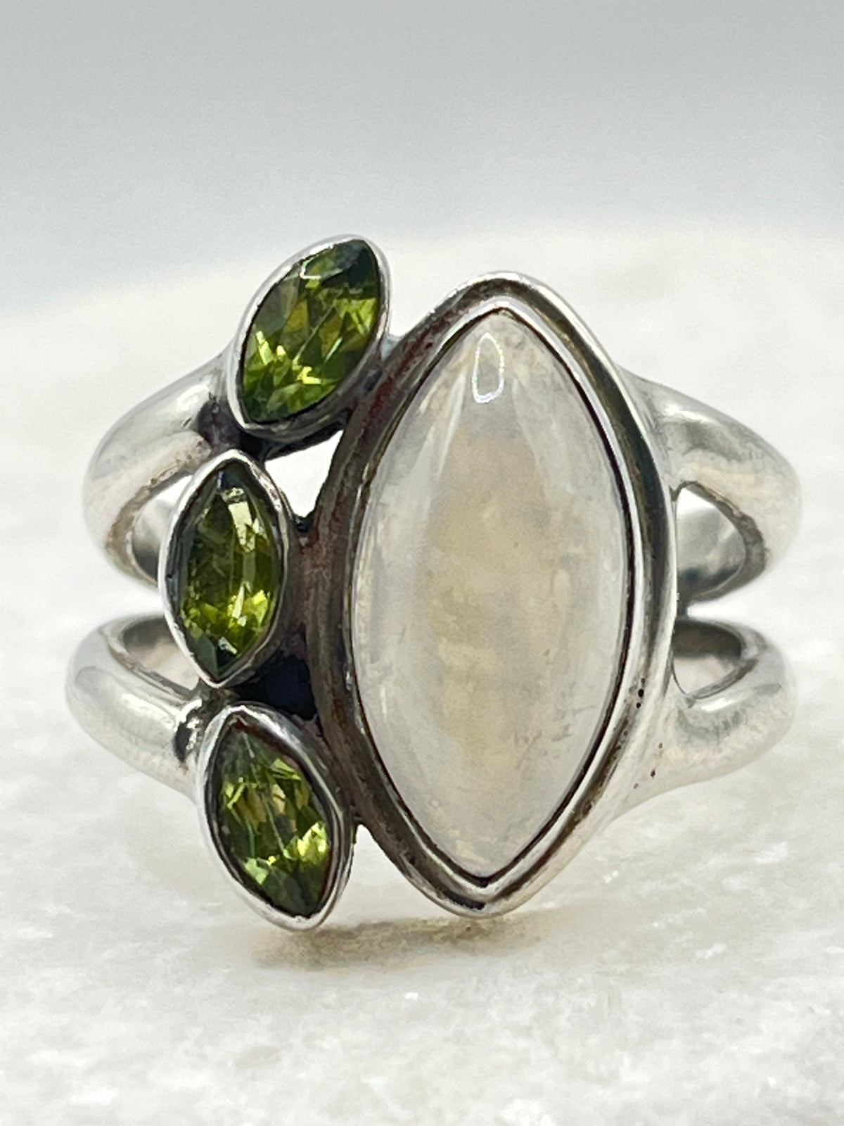 925 Sterling Silver Moonstone And Peridot Marquise Set Statement Ring - Size P