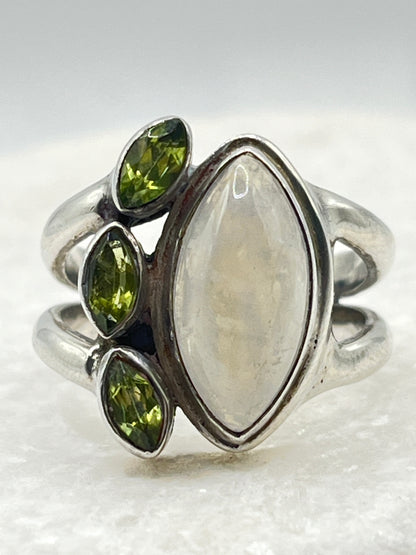 925 Sterling Silver Moonstone And Peridot Marquise Set Statement Ring - Size P