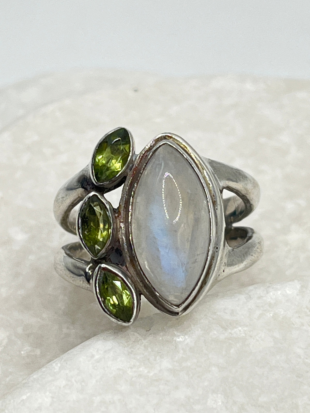 925 Sterling Silver Moonstone And Peridot Marquise Set Statement Ring - Size P