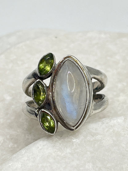 925 Sterling Silver Moonstone And Peridot Marquise Set Statement Ring - Size P