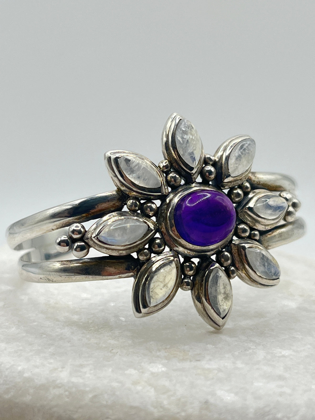 Vintage 925 Sterling Silver Amber and Moonstone Floral Cuff Bangle
