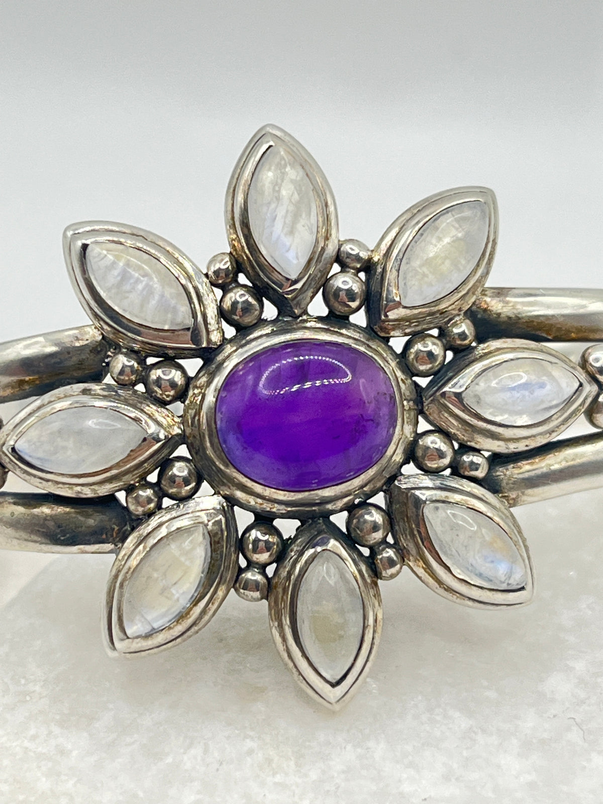Vintage 925 Sterling Silver Amber and Moonstone Floral Cuff Bangle