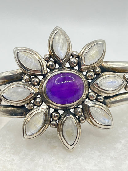 Vintage 925 Sterling Silver Amber and Moonstone Floral Cuff Bangle