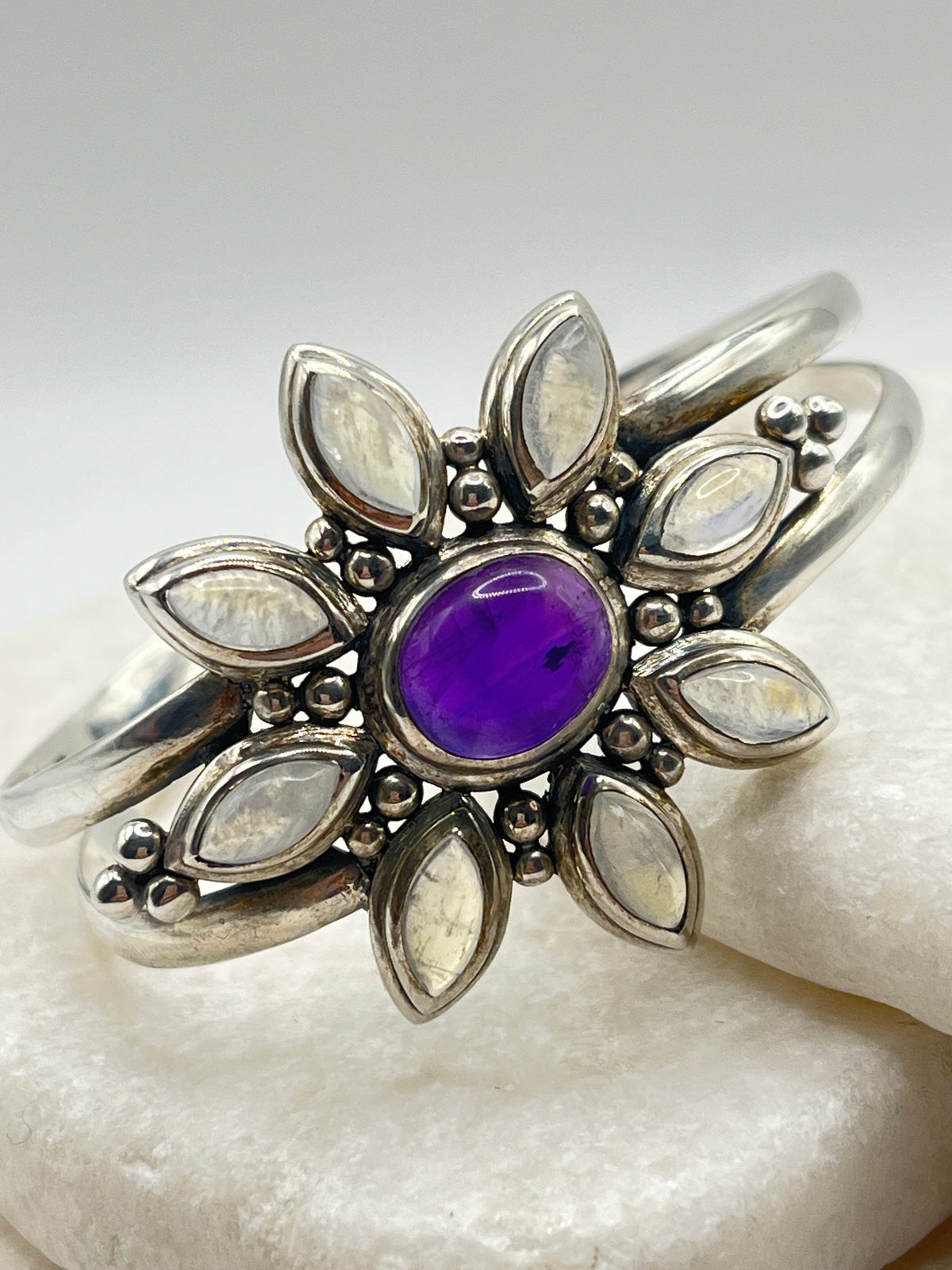 Vintage 925 Sterling Silver Amber and Moonstone Floral Cuff Bangle
