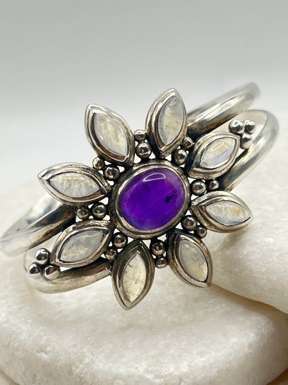 Vintage 925 Sterling Silver Amber and Moonstone Floral Cuff Bangle