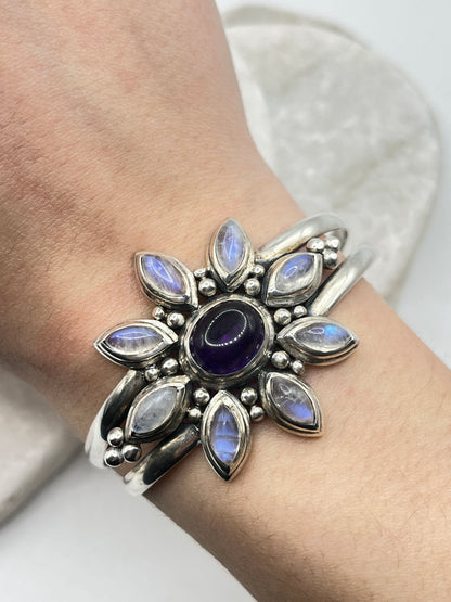 Vintage 925 Sterling Silver Amber and Moonstone Floral Cuff Bangle