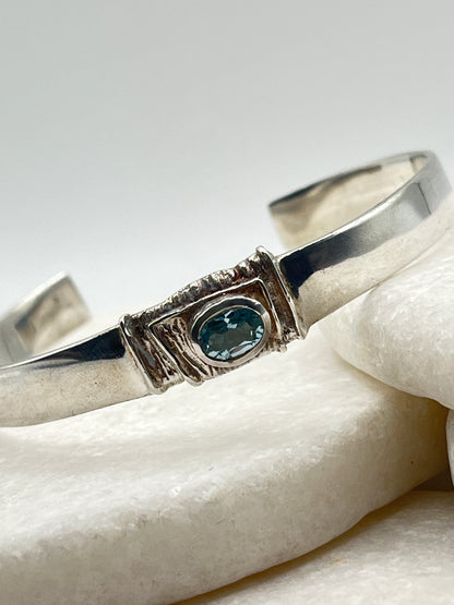 Vintage 925 Sterling Silver Aquamarine Cuff Bangle