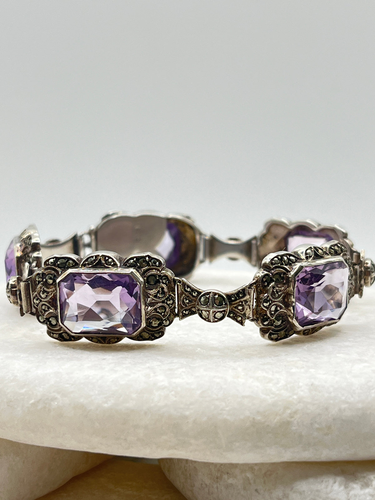 925 Sterling Silver Amethyst And Marcasite Bracelet - 19cm