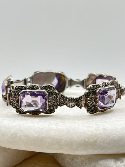 925 Sterling Silver Amethyst And Marcasite Bracelet - 19cm