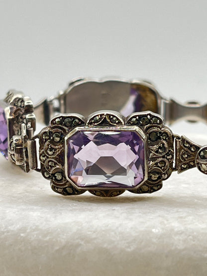 925 Sterling Silver Amethyst And Marcasite Bracelet - 19cm