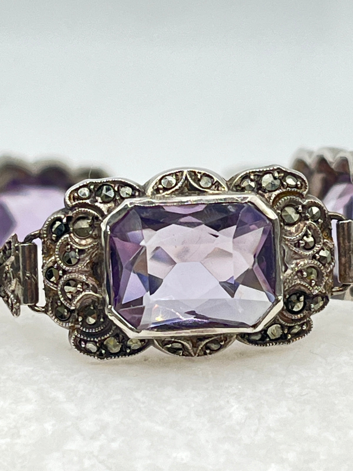 925 Sterling Silver Amethyst And Marcasite Bracelet - 19cm