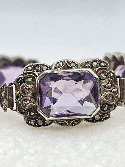 925 Sterling Silver Amethyst And Marcasite Bracelet - 19cm