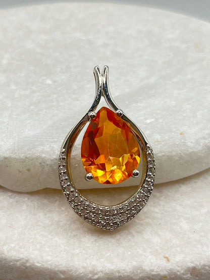 925 Sterling Silver Padparadscha Quartz and Diamond Teardrop Pendant on 45cm Sterling Silver Chain