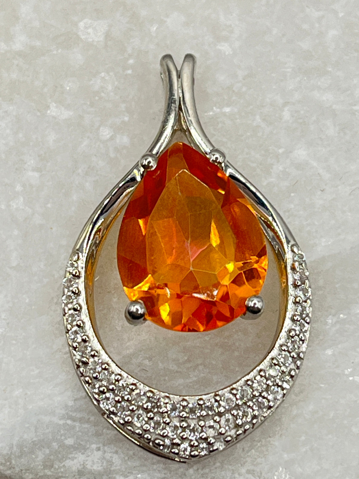 925 Sterling Silver Padparadscha Quartz and Diamond Teardrop Pendant on 45cm Sterling Silver Chain