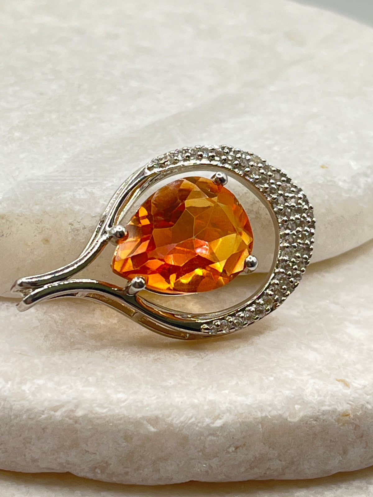 925 Sterling Silver Padparadscha Quartz and Diamond Teardrop Pendant on 45cm Sterling Silver Chain