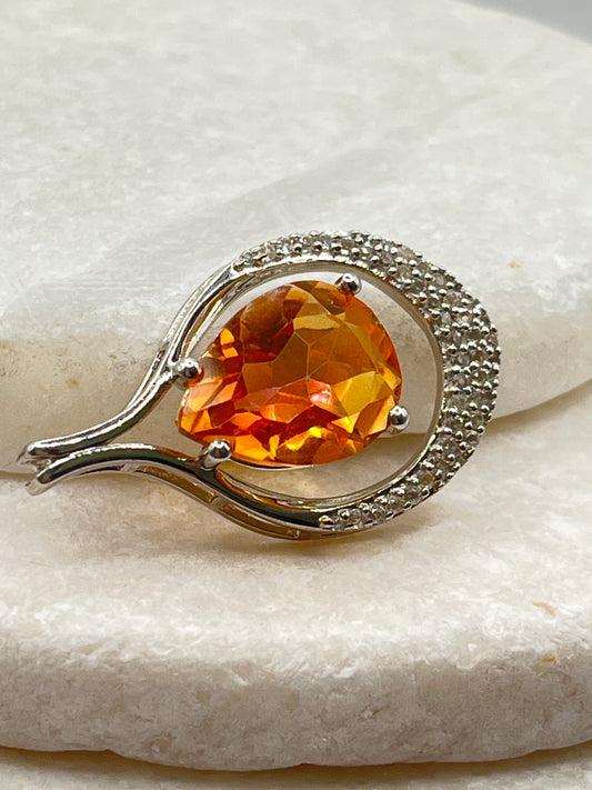 925 Sterling Silver Padparadscha Quartz and Diamond Teardrop Pendant on 45cm Sterling Silver Chain