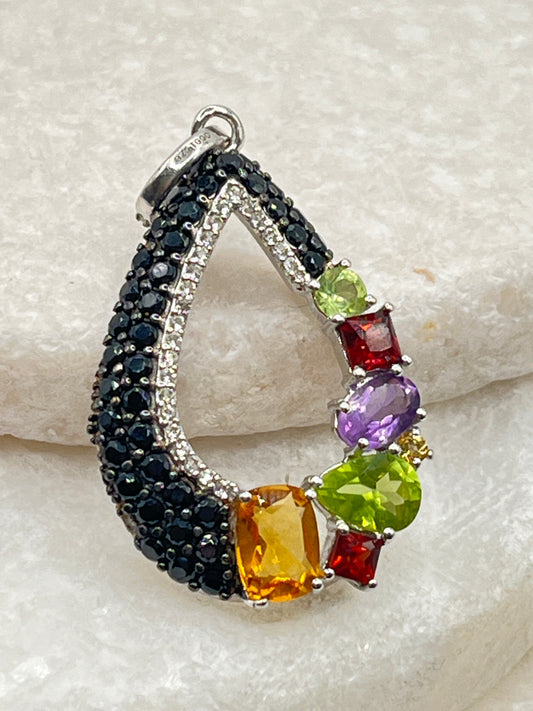 925 Sterling Silver Black Spinel and Multi Gemstone Teardrop Pendant on 45cm Sterling Silver Chain