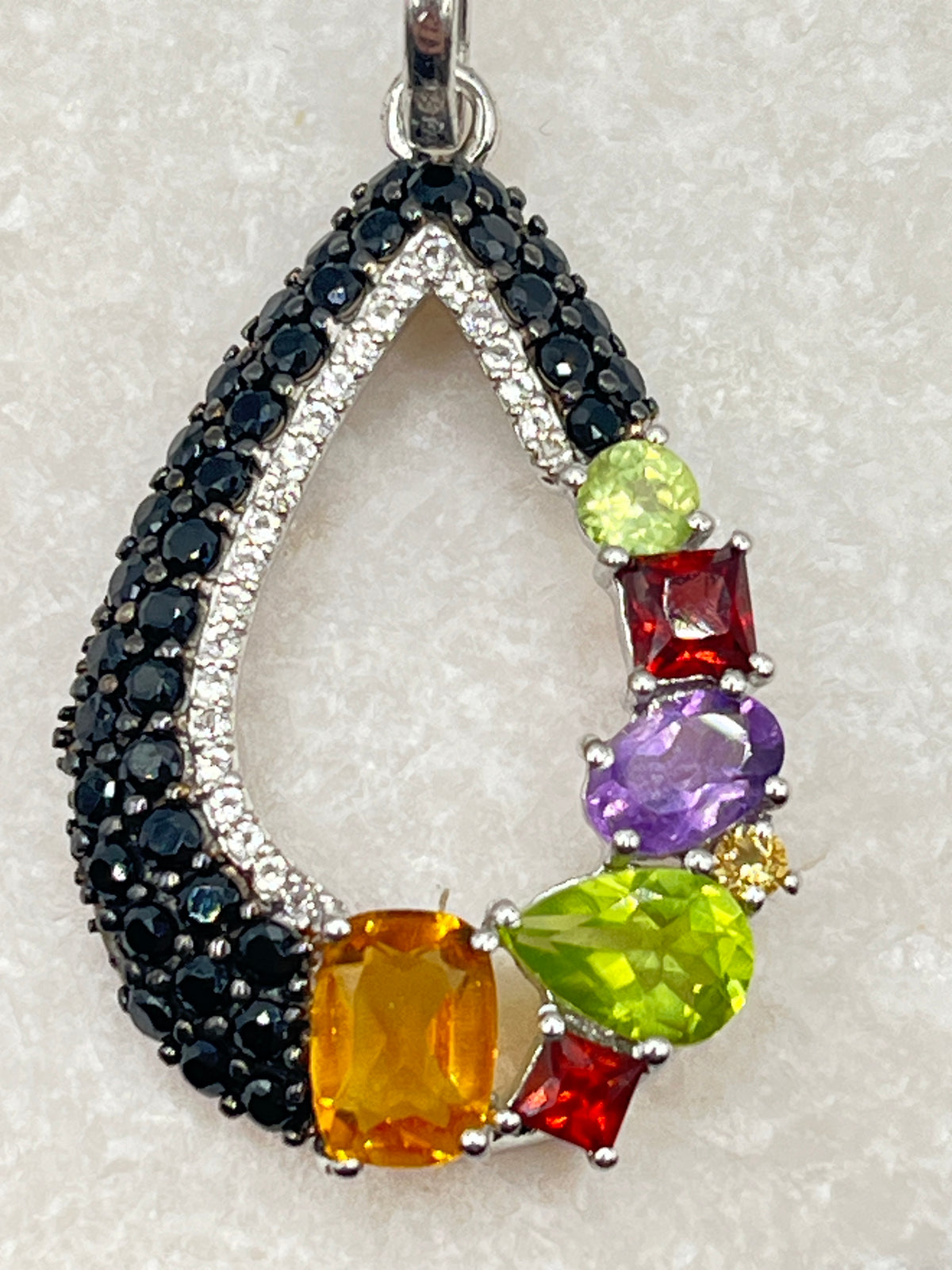 925 Sterling Silver Black Spinel and Multi Gemstone Teardrop Pendant on 45cm Sterling Silver Chain