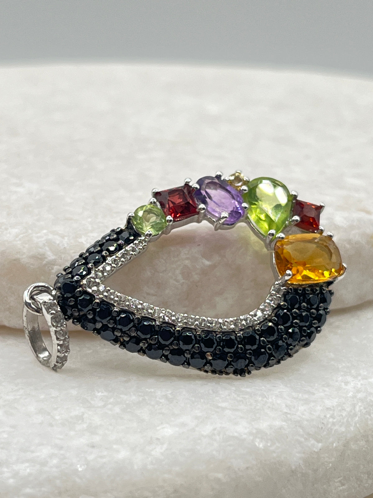 925 Sterling Silver Black Spinel and Multi Gemstone Teardrop Pendant on 45cm Sterling Silver Chain