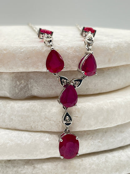 925 Sterling Silver Ruby & White Zircon Statement Necklace