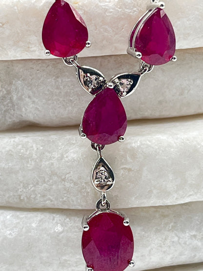 925 Sterling Silver Ruby & White Zircon Statement Necklace