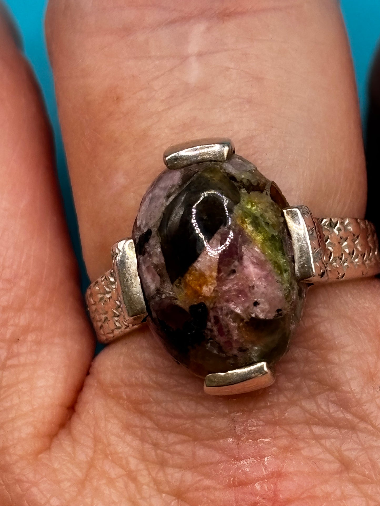 925 Sterling Silver Tourmaline Mosaic Ring Size T