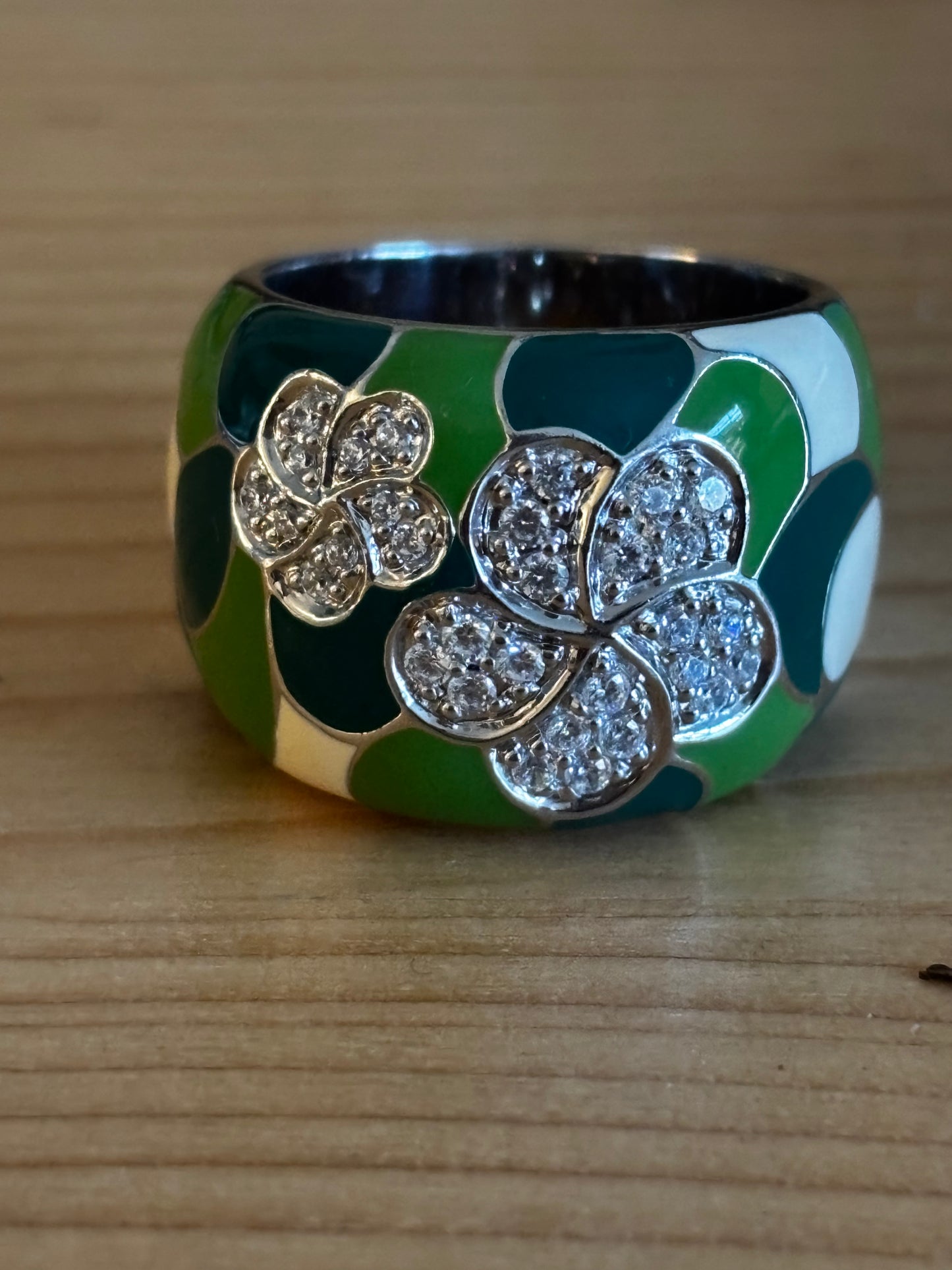 Belle Etoile Plumeria Ring green and white hand-painted enamels with set white size P