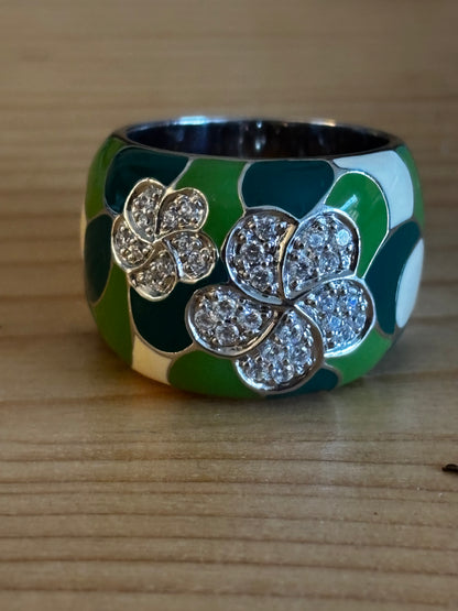 Belle Etoile Plumeria Ring green and white hand-painted enamels with set white size P