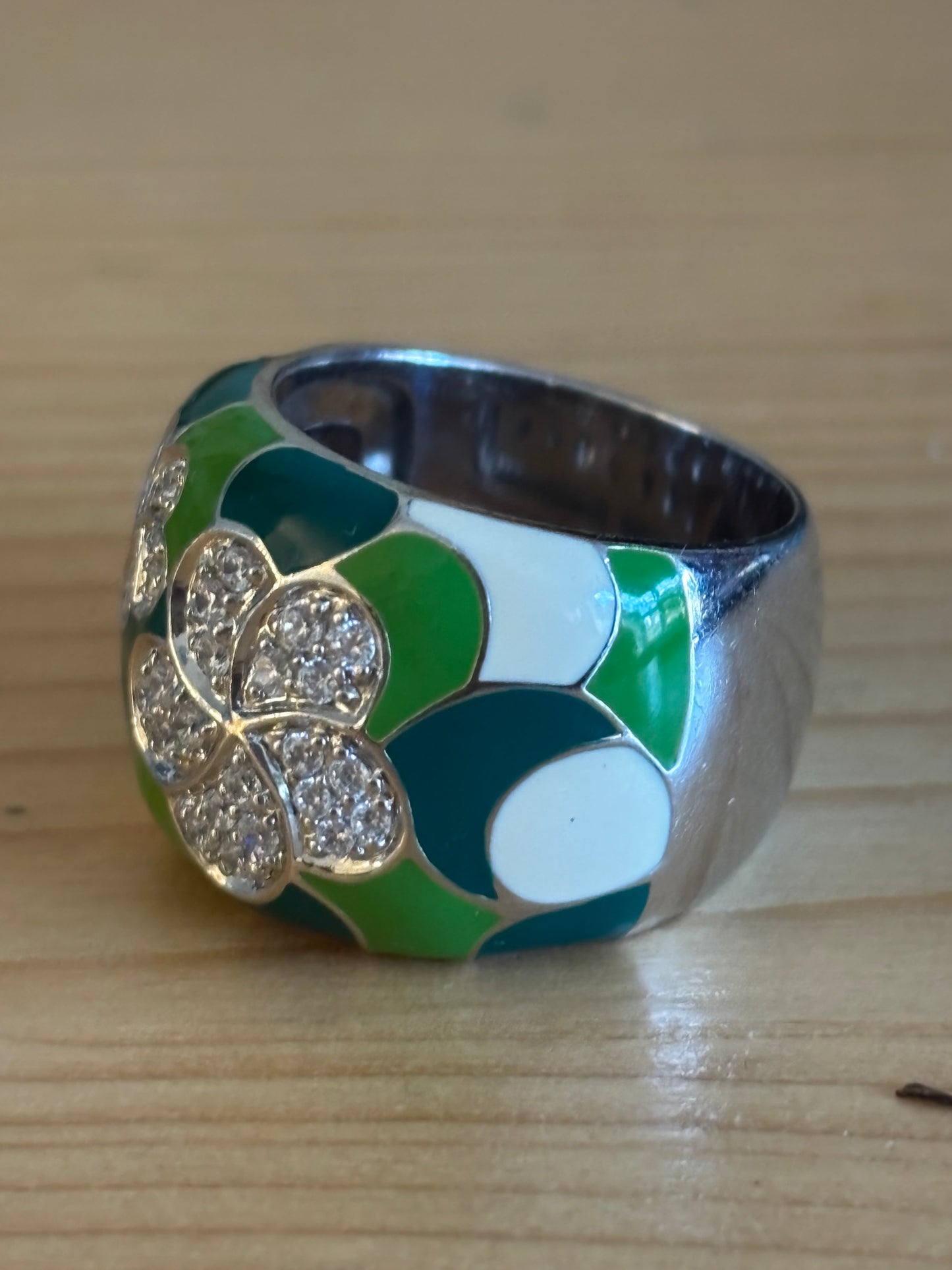 Belle Etoile Plumeria Ring green and white hand-painted enamels with set white size P