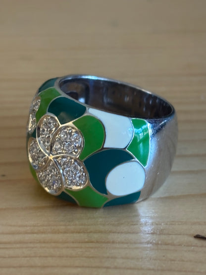 Belle Etoile Plumeria Ring green and white hand-painted enamels with set white size P