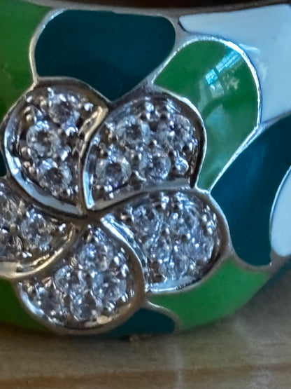 Belle Etoile Plumeria Ring green and white hand-painted enamels with set white size P