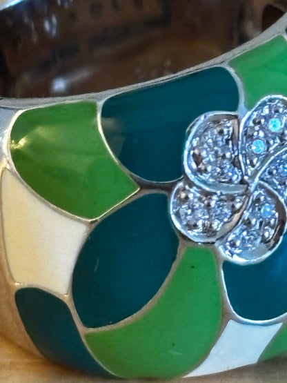 Belle Etoile Plumeria Ring green and white hand-painted enamels with set white size P