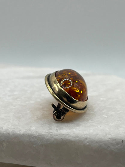 Genuine Amber Cabochon Brooch in Gilded 925 Sterling Silver – Vintage Oval Pin