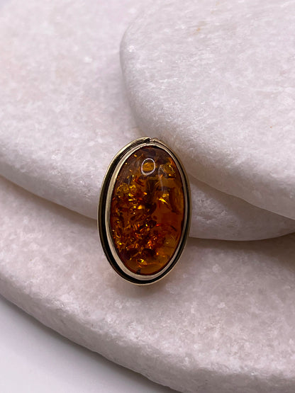 Genuine Amber Cabochon Brooch in Gilded 925 Sterling Silver – Vintage Oval Pin